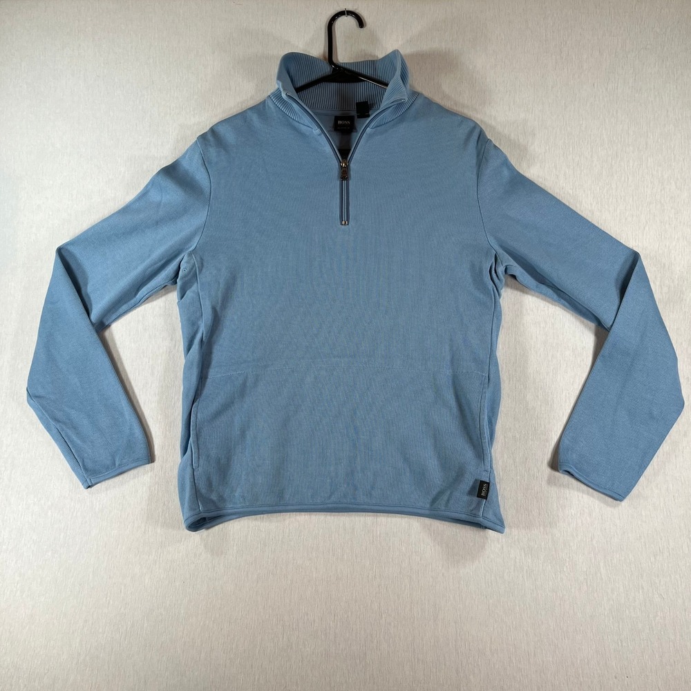 Hugo Boss 1/4 Zip Sweater Mens Light Blue Cotton Regular Fit Sondrio Vented Pits